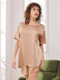 SilkSilky-CA Pure Silk Short Sleeve Round Neck Women's Pajamas Champagne 003