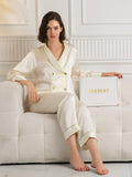 SilkSilky-CA Pure Silk Long Sleeve V Neck Women's Pajamas Beige 006