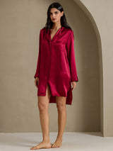 [Wine] SilkSilky-CA Long Sleeve Lapel Collar Nightshirt 008