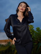 [Black] SilkSilky-CA Long Sleeve Lapel Collar Women's Shirt 005