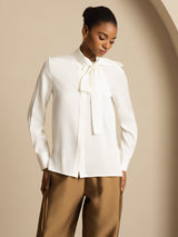 [White] SilkSilky-CA 19Momme Stretch Silk Charmeuse Long Sleeve Tie Neck Blouse 004