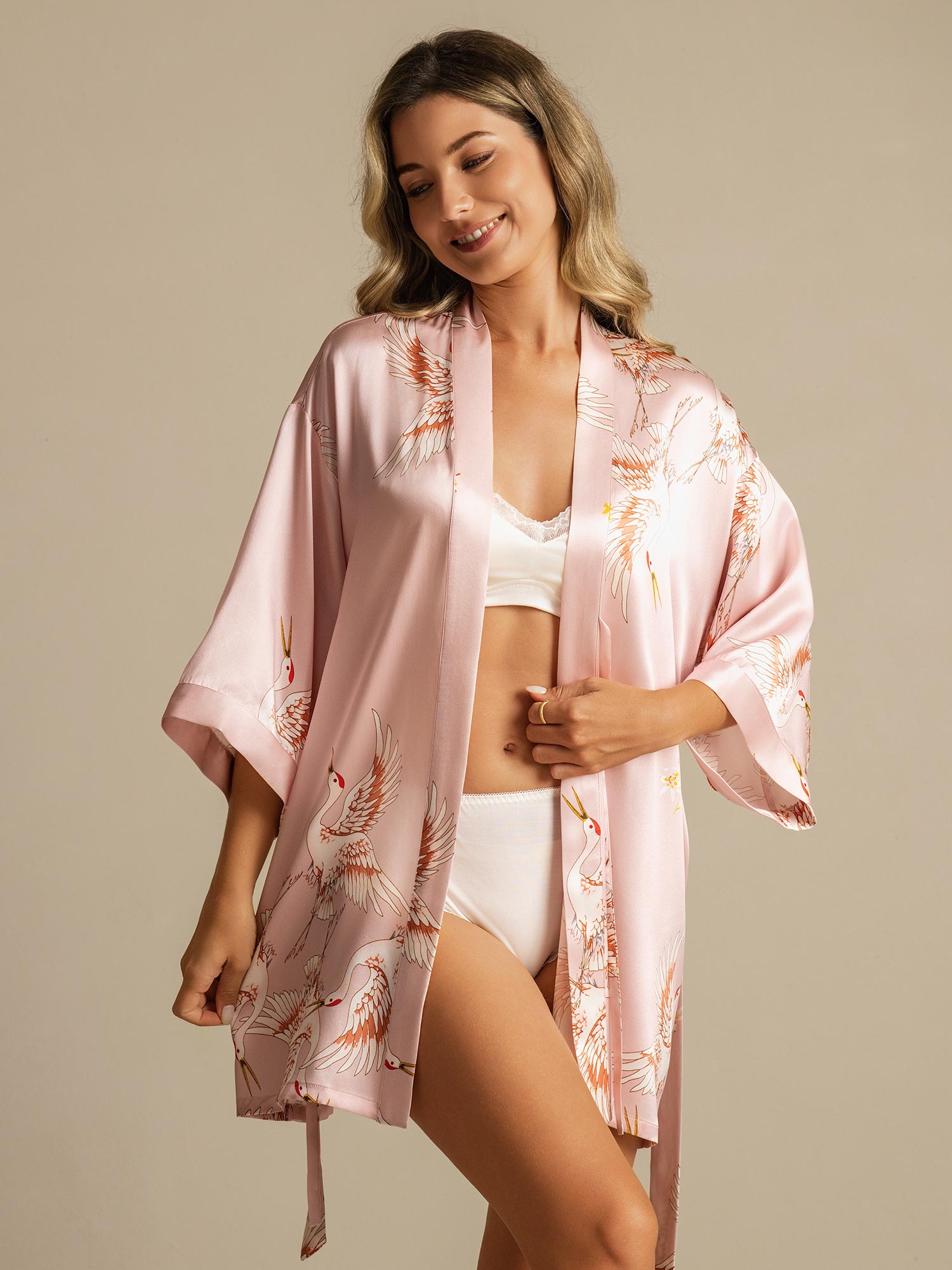 [Pink] SilkSilky-CA Pure Silk Deep V Neck Women's Robe 003