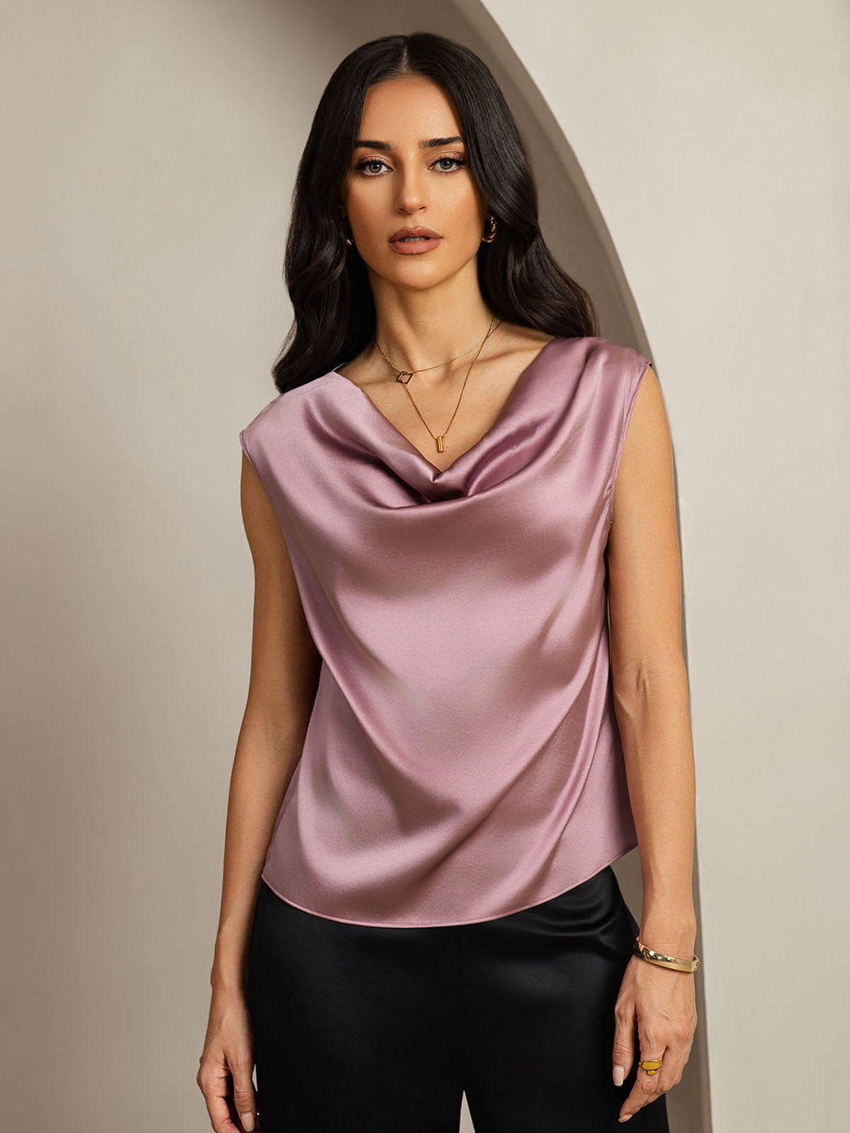 [Pale Mauve] SilkSilky-CA 19Momme Silk Cap Sleeve Cowl Neck Women's T-Shirt 001