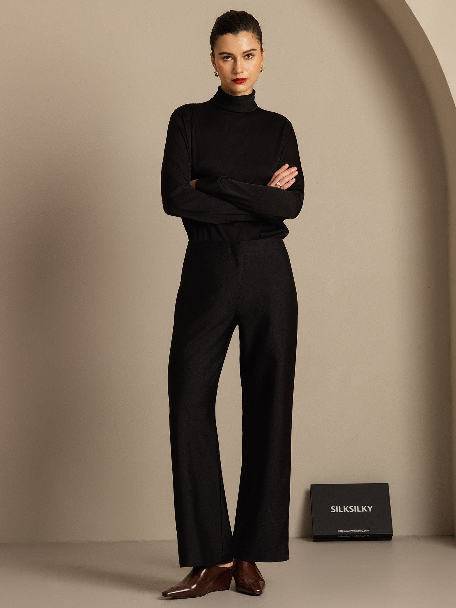 [Black] SilkSilky-CA 32Momme Silk-Wool Blend Womens Pants 003,