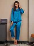 SilkSilky CA Pure Silk Long Sleeve Lapel Women's Pajamas Teal 003