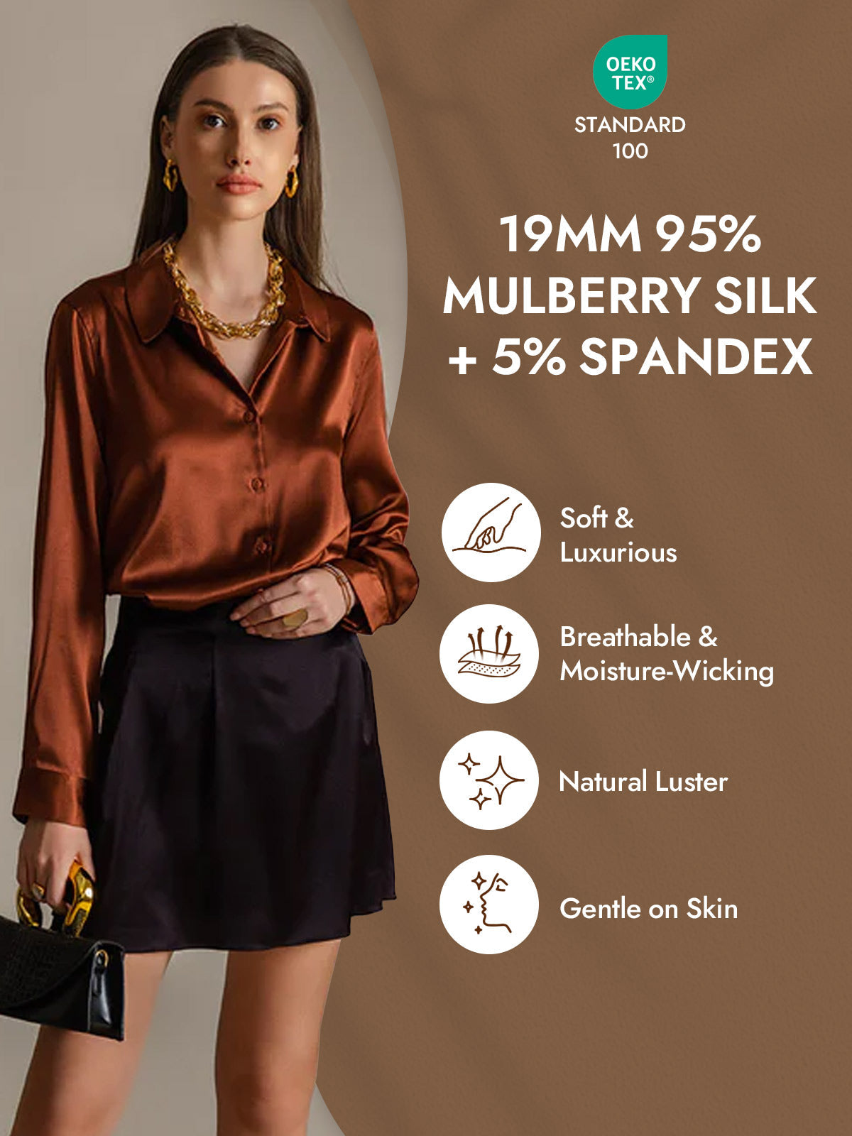 [Caramel] SilkSilky-CA Silk Long Sleeve Lapel Collar Women's Shirt 004