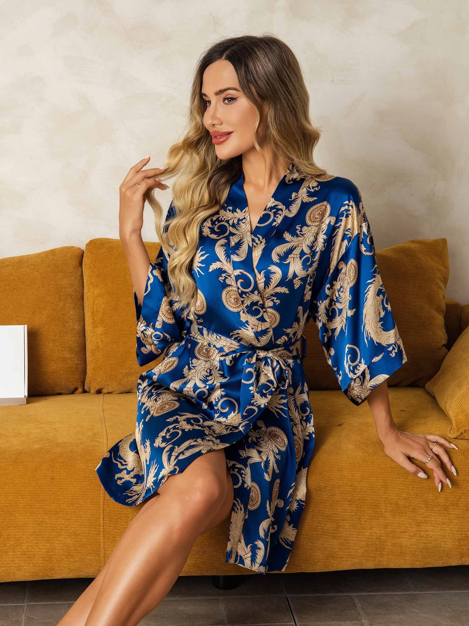 [Blue] SilkSilky-CA Pure Silk V Neck Women's Robe 004