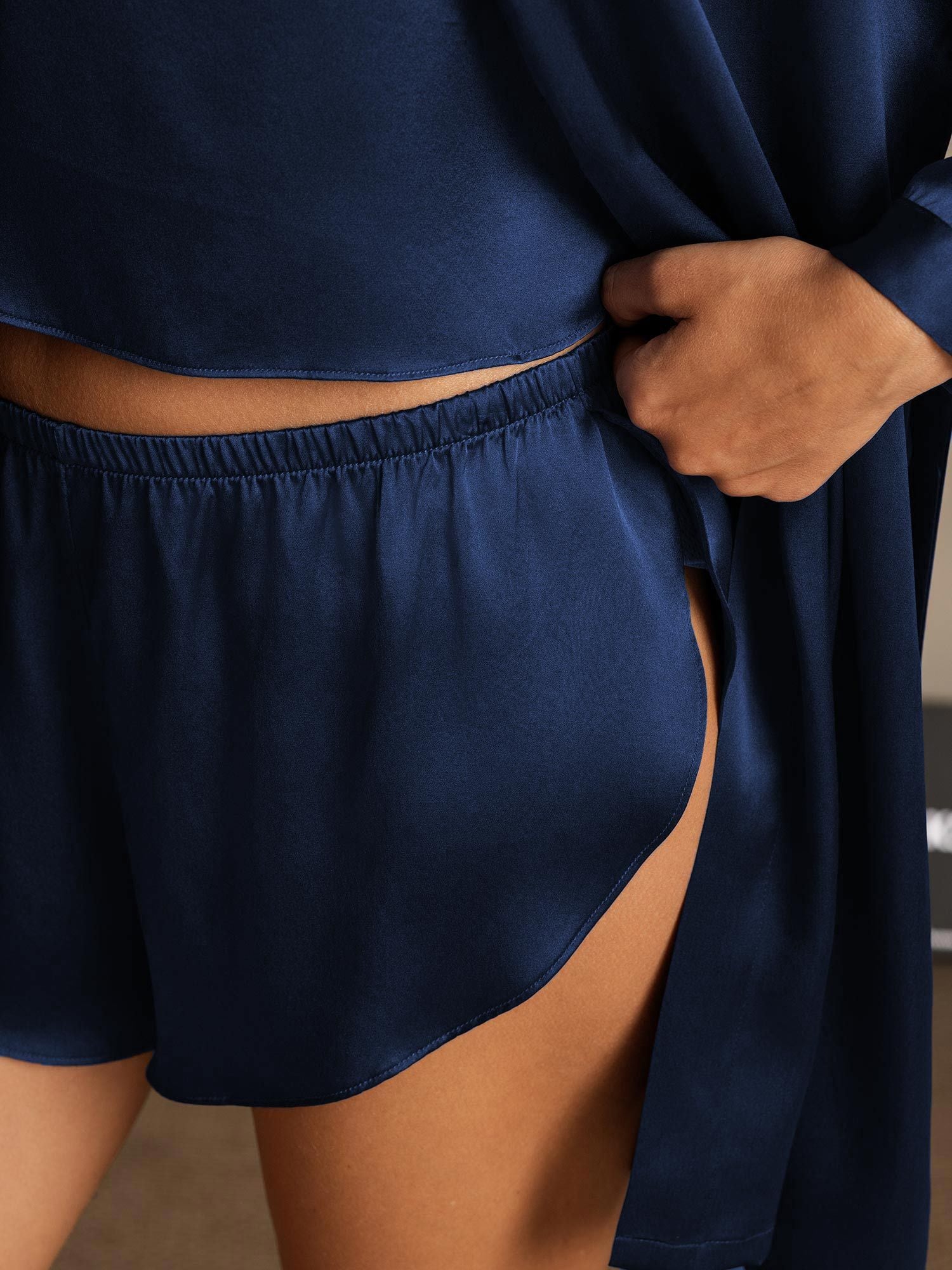 [Dark Blue] SilkSilky-CA Pure Silk Split Nightgown&Robe Set 005,