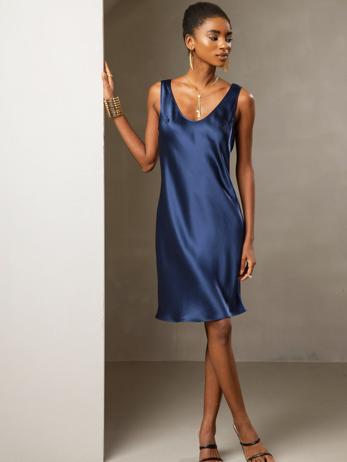 SilkSilky-CA Pure Silk Sleeveless Round Neck Dress DarkBlue 006