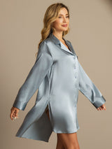 [Grayish Blue] SilkSilky-CA Long Sleeve Lapel Collar Nightshirt 006
