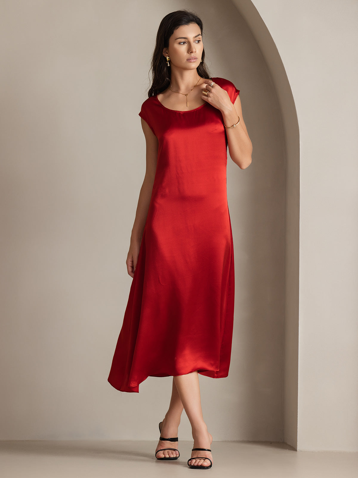 [Wine] SilkSilky-CA 19Momme Silk Round Neck Dress 005