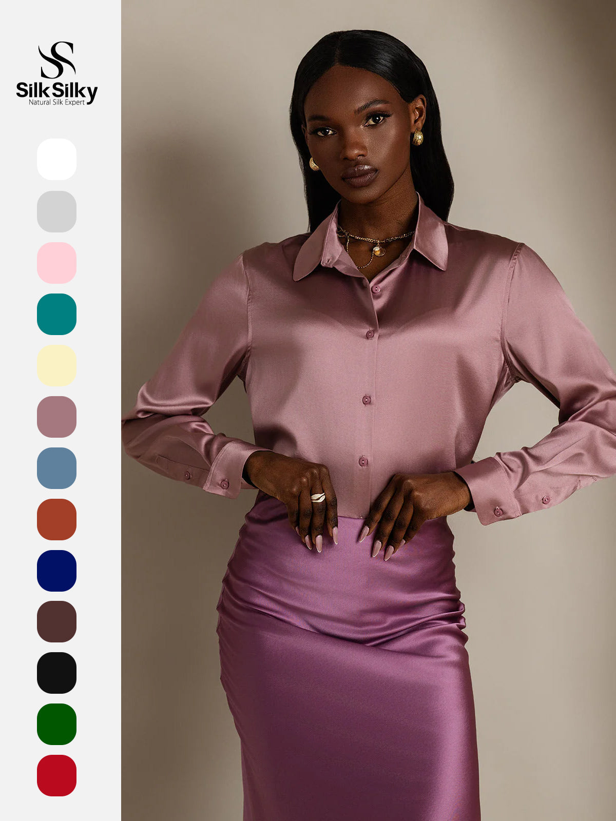 [Pale Mauve] SilkSilky-CA Silk Long Sleeve Lapel Collar Women's Shirt 001
