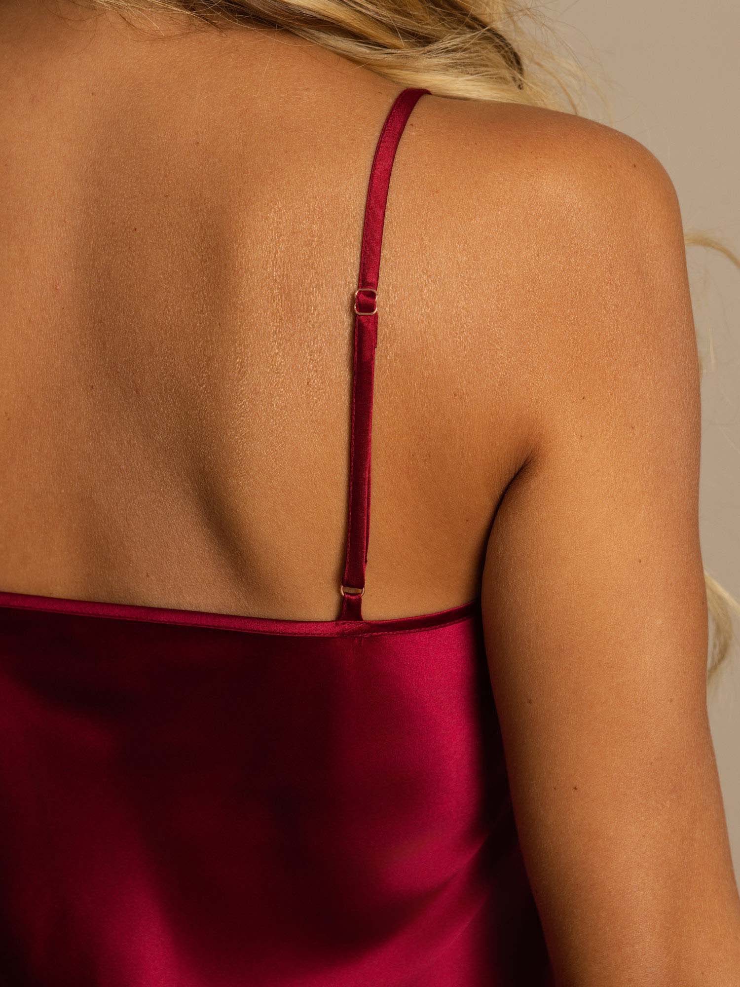 [Wine] SilkSilky-CA Silk Spaghetti Strap V Neck Nightgown 004