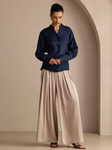 [Dark Blue] SilkSilky-CA Long Sleeve Split Women's Blouse 006
