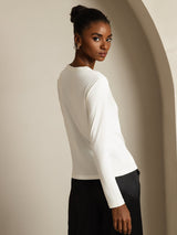 [White] SilkSilky-CA 100% Silk Jersey Long Sleeve Crew Neck Women's T-Shirt 002
