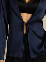 [Dark Blue] SilkSilky-CA 19Momme Stretch Silk Charmeuse Long Sleeve Women's Outerwear 003