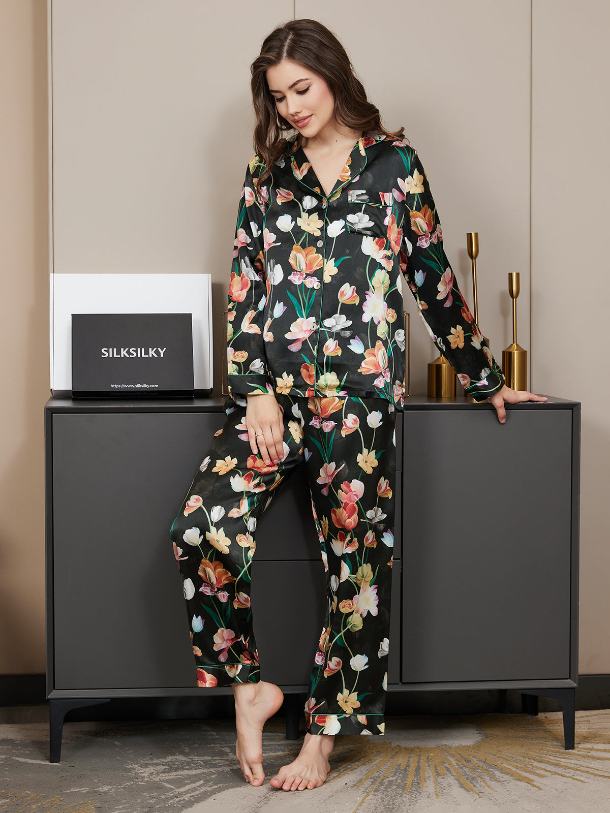 [Black] SilkSilky-CA Pure Silk Long Sleeve Lapel Women's Pajamas 003