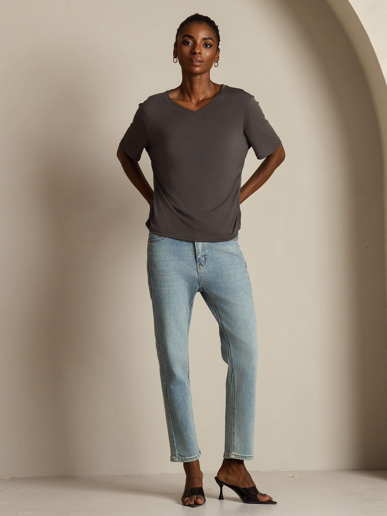 [Gray] SilkSilky-CA Pure Silk V Neck Women's T-Shirt 009