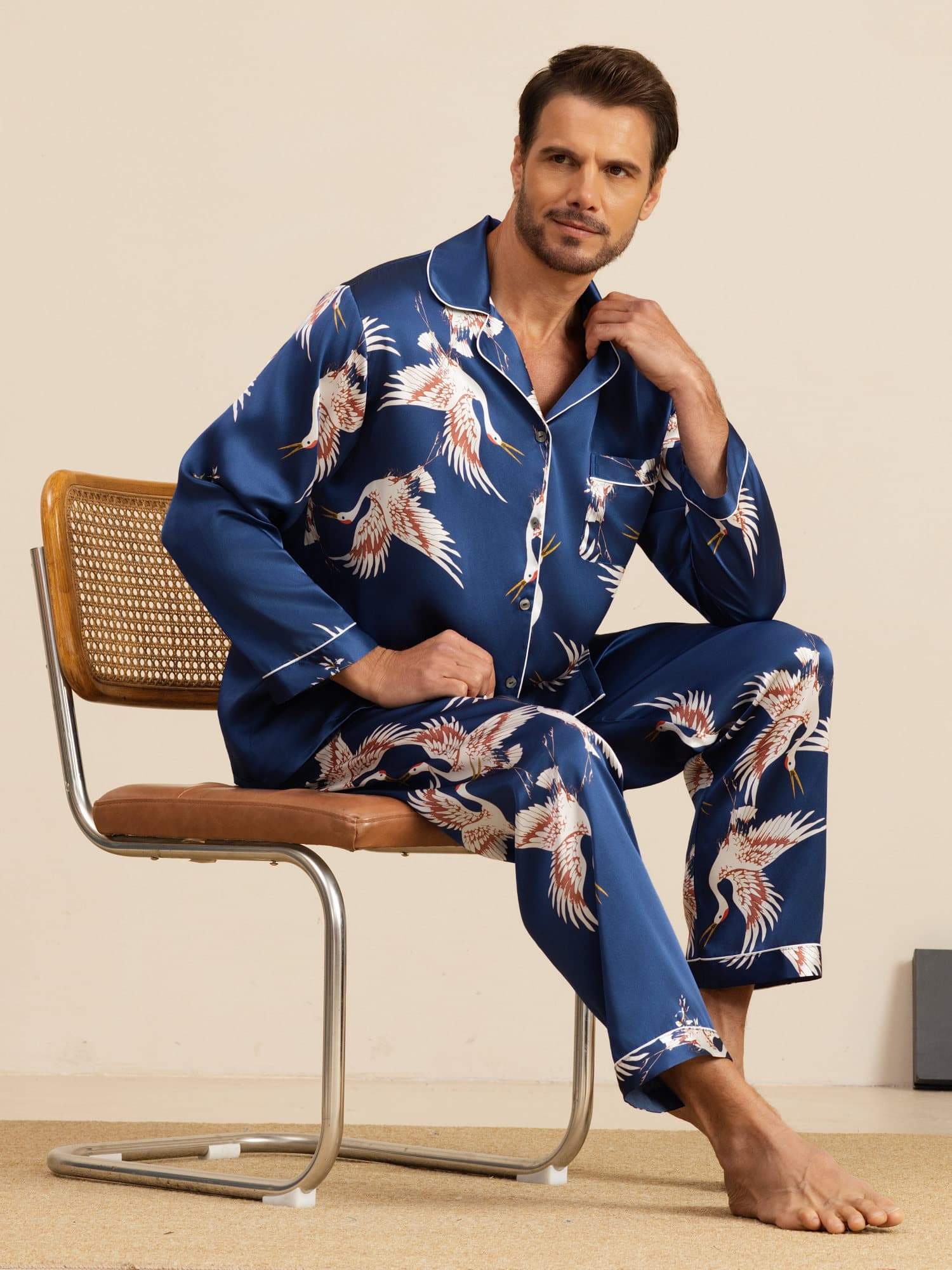 [Dark Blue] SilkSilky-CA Long Sleeve Notch Collar Men's Pajamas 001