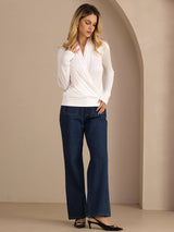 [White] SilkSilky-CA Long Sleeve Wrap Women's Blouse 007