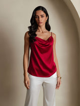 [Wine] SilkSilky-CA 19Momme Stretch Silk Charmeuse Spaghetti Strap Cowl Neck Camisole 006
