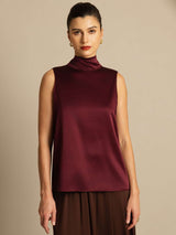 [Dark Red] SilkSilky-CA 19Momme Stretch Silk Charmeuse Sleeveless High Neck Blouse 006