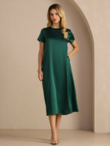 [Dark Green] SilkSilky-CA Short Sleeve Round Neck Dress 001