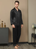 SilkSilky CA 19Momme Pure Silk Long Sleeve Lapel Men's Pajamas Black 003