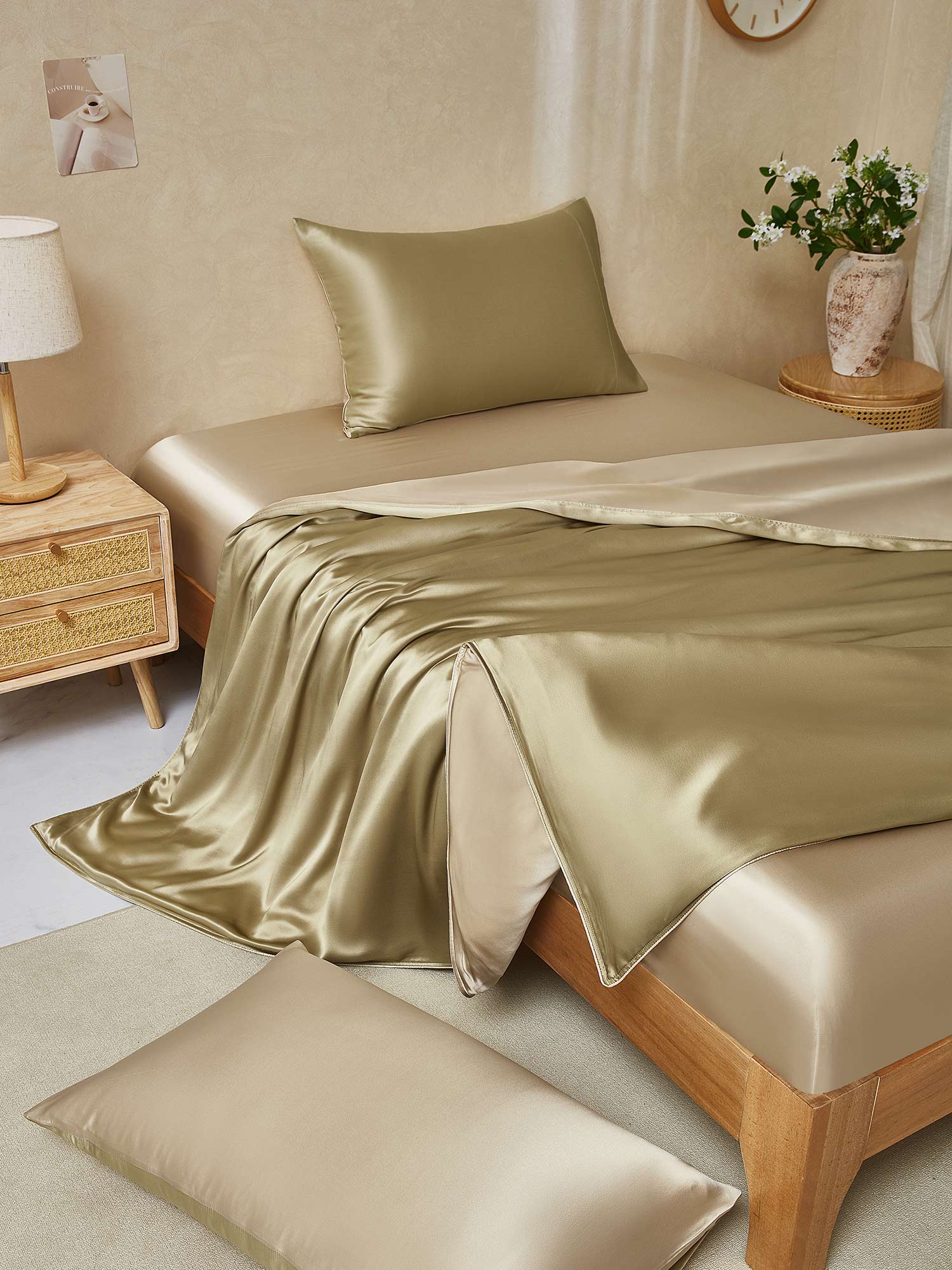 [Beige+Khaki] SilkSilky-CA 22Momme Pure Silk Bedding Set 001,