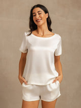 [White] SilkSilky-CA 19Momme Machine-Washable Silk Short Sleeve Round Neck Women's Pajamas 001