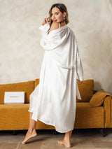 [White] SilkSilky-CA Long Sleeve V Neck Nightgown&Robe Set 004