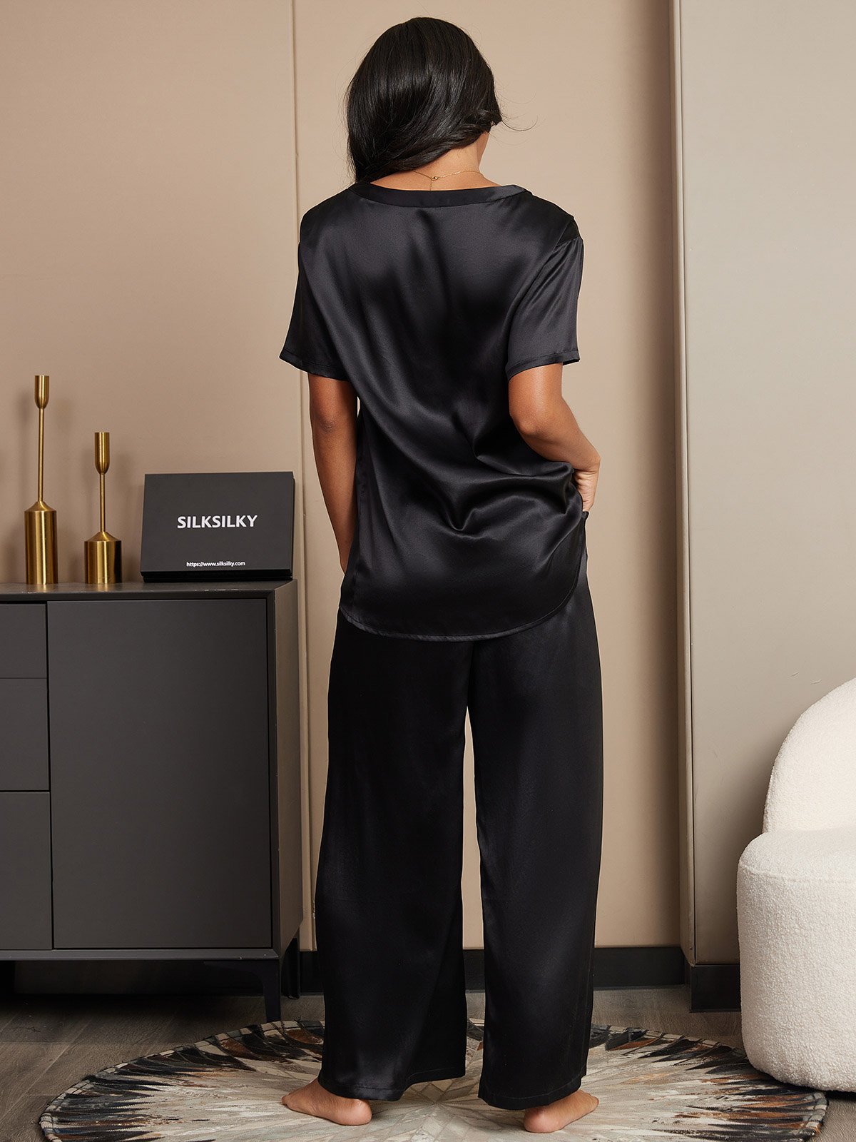 [Black] SilkSilky-CA Pure Silk Short Sleeve Womens Pajamas 002