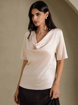 [Beige] SilkSilky-CA Short Sleeve Cowl Neck Women's Blouse 001