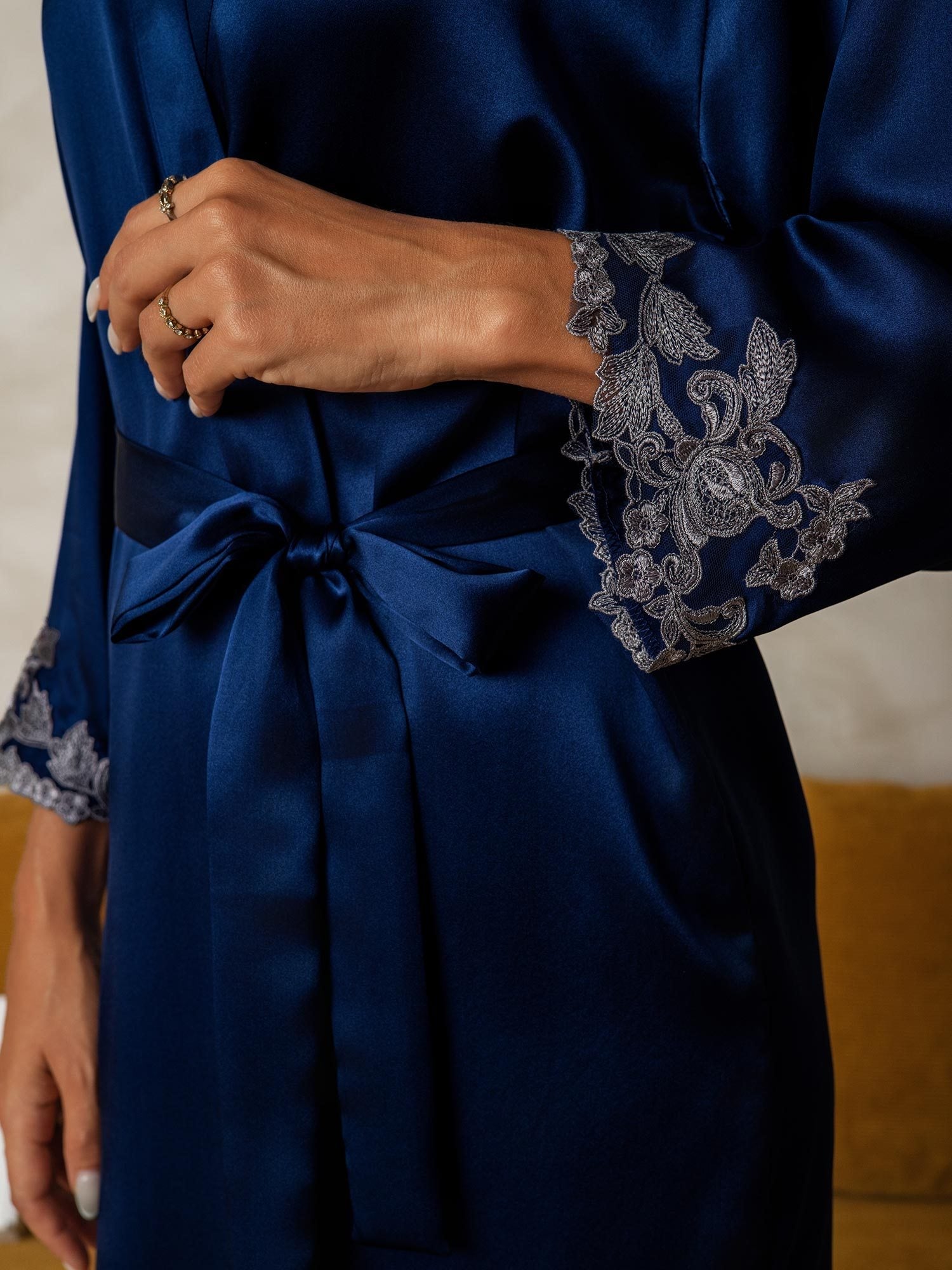 [Dark Blue] SilkSilky-CA Pure Silk Split Women's Robe 003