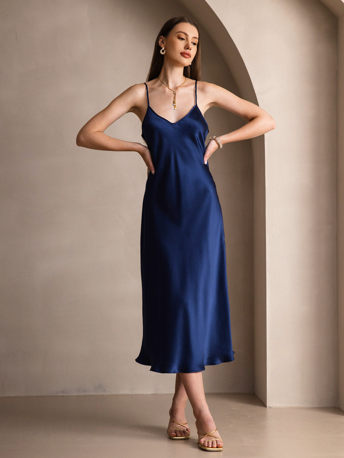 [Dark Blue] SilkSilky-CA Pure Silk Round Neck Dress 006