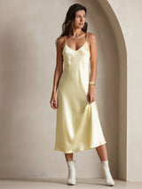 [Light Yellow] SilkSilky-CA Spaghetti Strap V Neck Nightgown 001