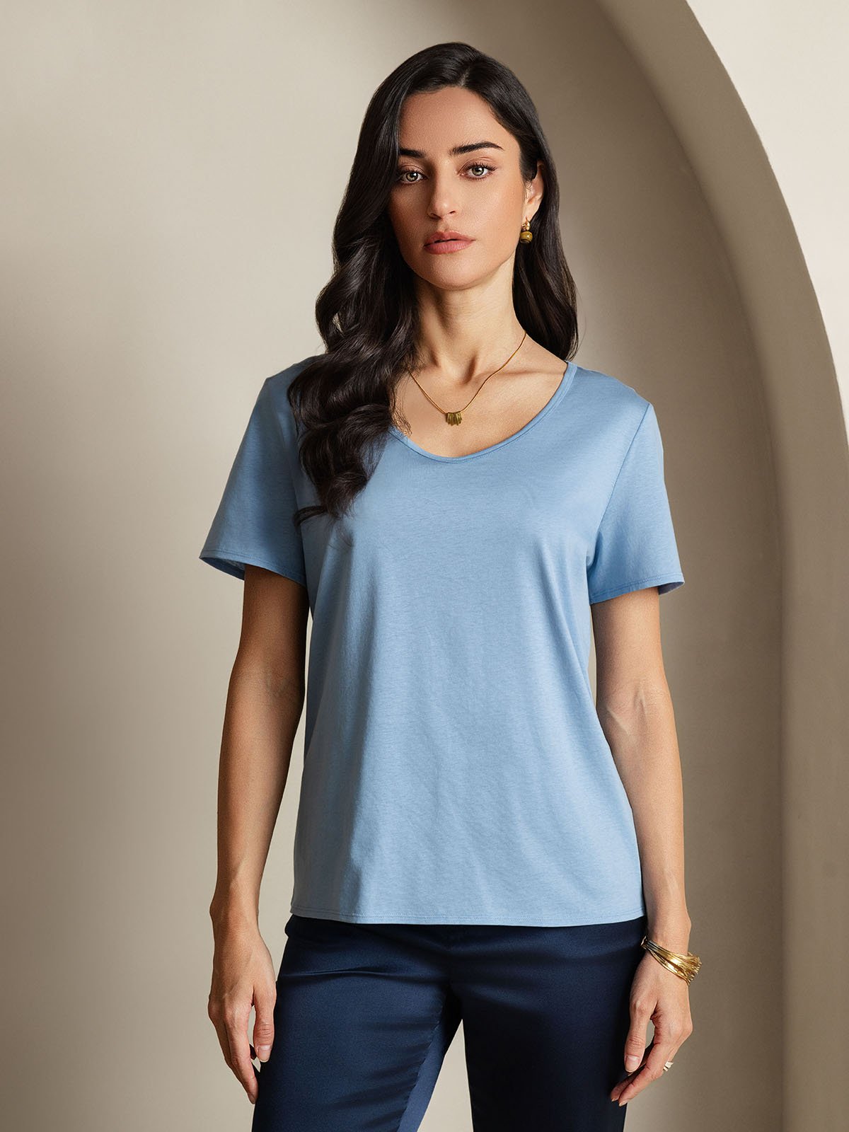 SilkSilky-CA Silk Short Sleeve V Neck Women's T-Shirt Blue 001