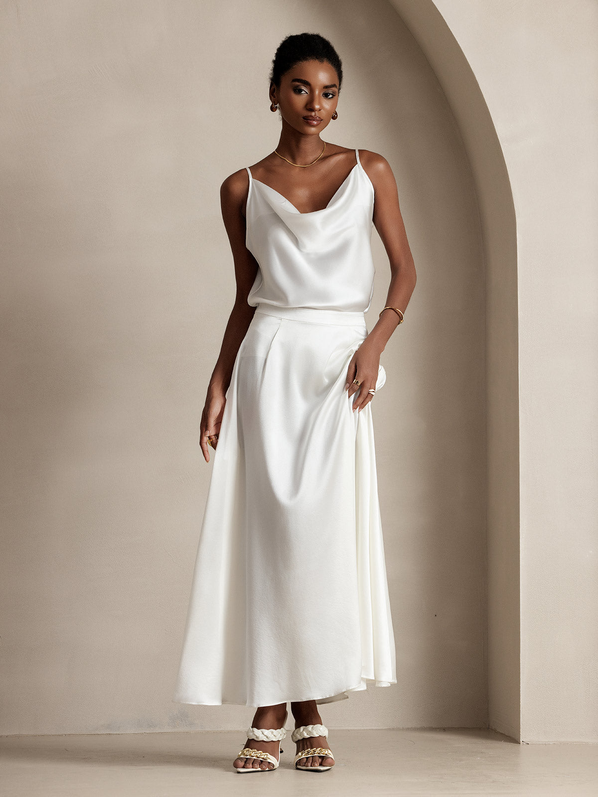 [White] SilkSilky-CA 19Momme Silk Skirt 005