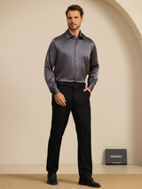 [Dark Gray] SilkSilky-CA 19Momme Stretch Silk Charmeuse Long Sleeve Lapel Collar Men's Shirt 008