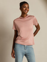[Pink] SilkSilky-CA 100% Silk Jersey Short Sleeve Mock Neck Women's T-Shirt 006