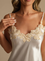 [White] SilkSilky-CA Spaghetti Strap V Neck Nightgown 004