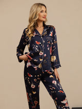 [Navy Floral] SilkSilky-CA Long Sleeve Lapel Collar Women's Pajamas 005