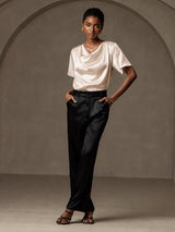 [Beige] SilkSilky-CA Short Sleeve Cowl Neck Women's Blouse 005