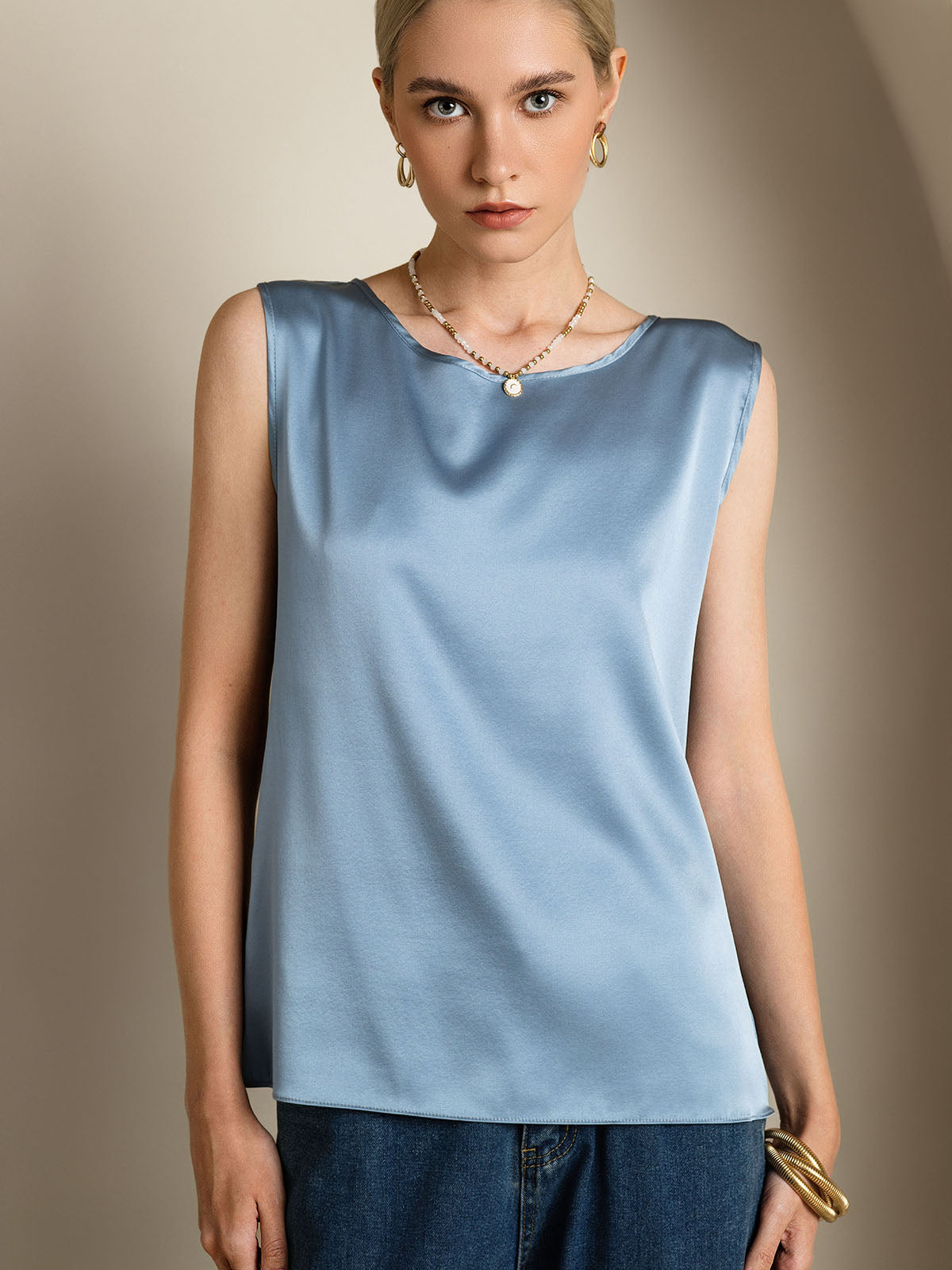 SilkSilky-CA 19Momme Silk Sleeveless Round Neck Camisole GrayishBlue 005