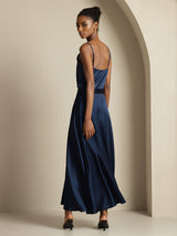 [Dark Blue] SilkSilky-CA 19Momme Stretch Silk Charmeuse Spaghetti Strap Cowl Neck Women''s Outfit Sets 002