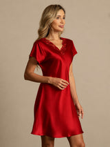 [Dark Red] SilkSilky-CA Short Sleeve V Neck Nightgown 007