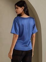 [Real Teal] SilkSilky-CA Short Sleeve Cowl Neck Women's Blouse 002