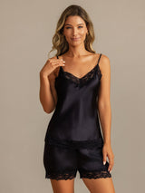 [Black] SilkSilky-CA Spaghetti Strap V Neck Camisole Set 001