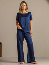 [Dark Blue] SilkSilky-CA 19Momme Machine-Washable Silk Short Sleeve Women's Pajamas 004