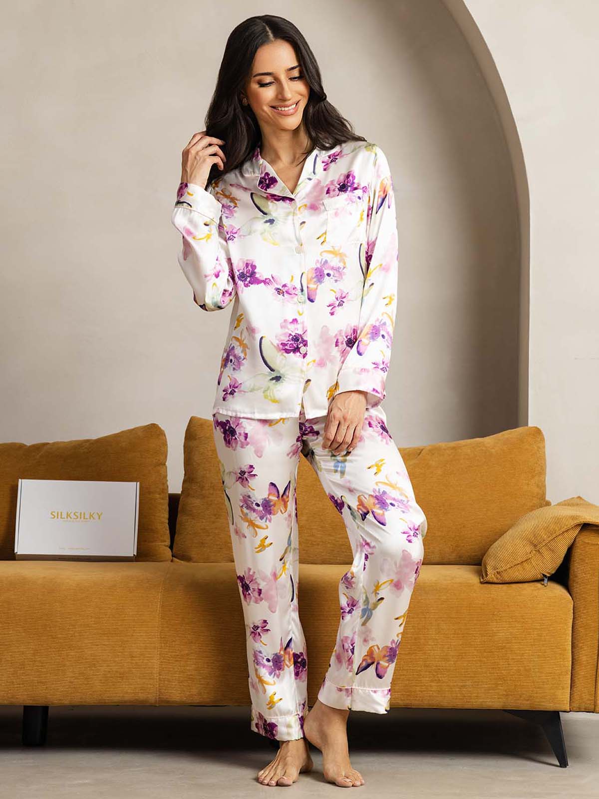 [Watercolor Floral] SilkSilky-CA Pure Silk Womens Pajamas 001